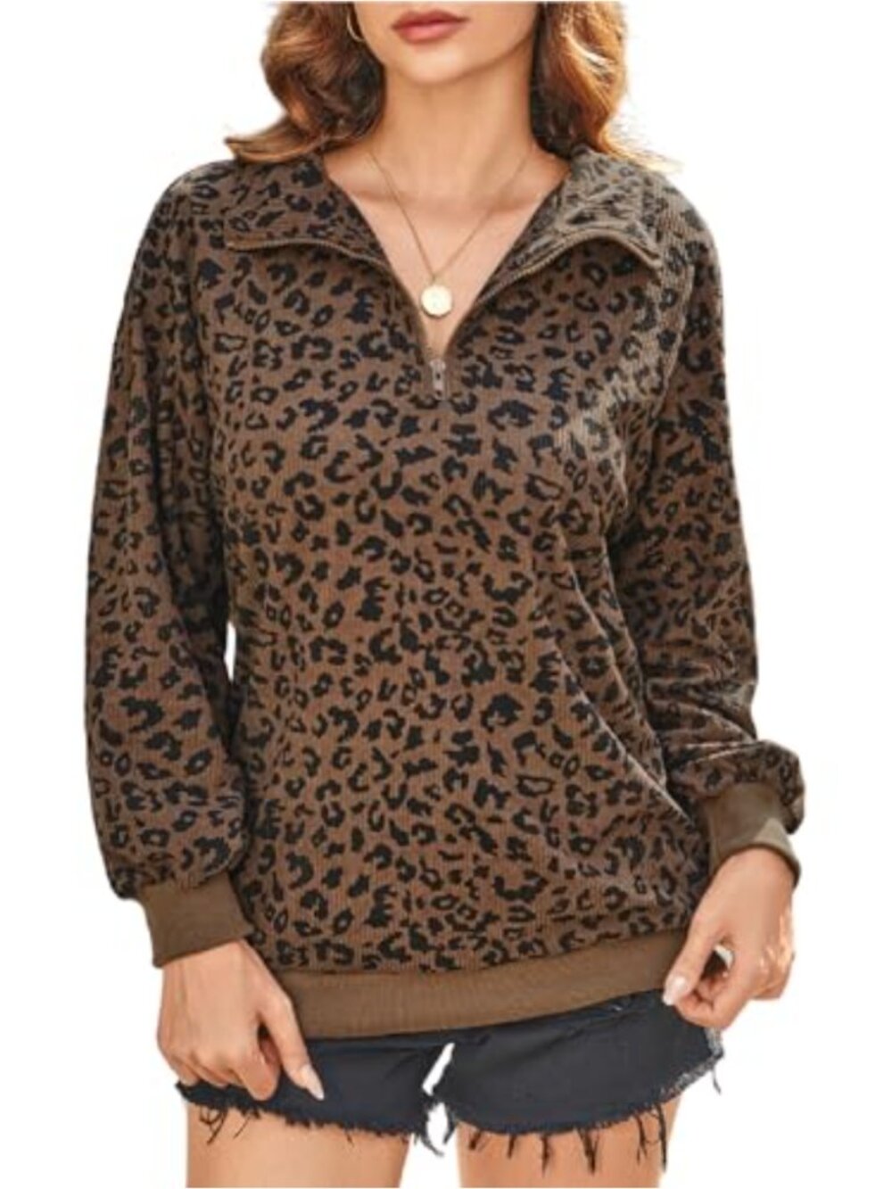 Leopard Print Quarter Zip Collared Oversized Sweatshirt Women's